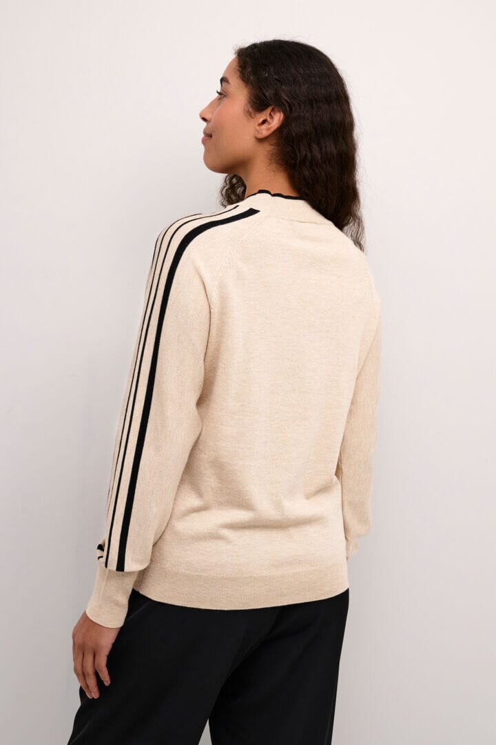 BEIGE KNIT SWEATER WITH STRIPED DETAIL ON SLEEVE Sweater KAFFE S Beige 