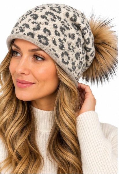 BEIGE LEOPARD CRYSTAL BEANIE Hats Prenelove 
