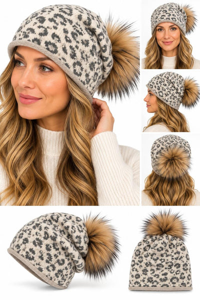BEIGE LEOPARD CRYSTAL BEANIE Hats Prenelove Beige 
