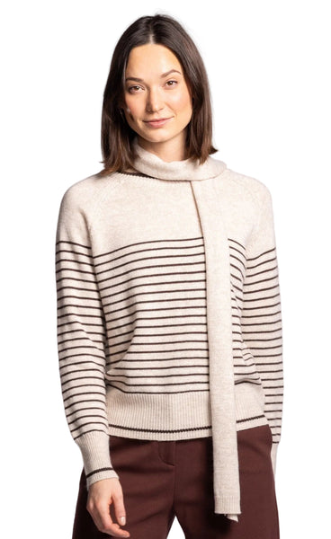 BEIGE MINI BROWN STRIPE MADDY SWEATER WITH SCARF SWEATER Pink Martini 