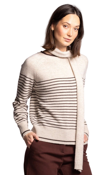 BEIGE MINI BROWN STRIPE MADDY SWEATER WITH SCARF SWEATER Pink Martini 