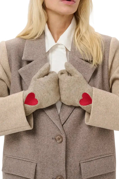BEIGE MITTENS WITH RED HEART CULTURE 