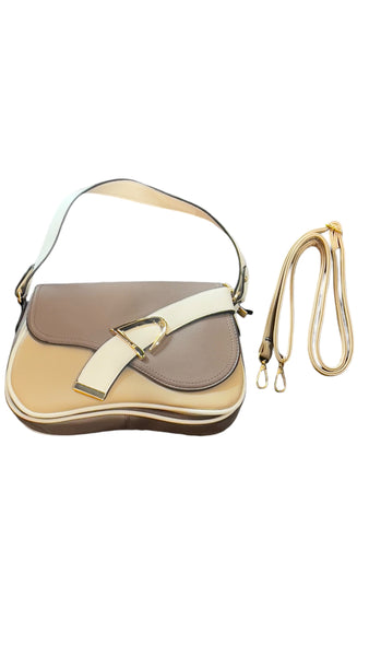 BEIGE VEGAN GOLD BUCKLE FRONT HANDBAG Handbag Temptation 