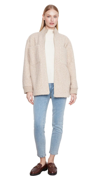BEIGE ZIPPER FRONT FUZZY BOUCLE JACKET WITH RIB COLLAR AND ROUNDED HEM Jacket Charlie B 