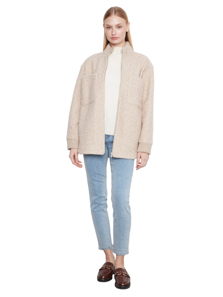 BEIGE ZIPPER FRONT FUZZY BOUCLE JACKET WITH RIB COLLAR AND ROUNDED HEM Jacket Charlie B 