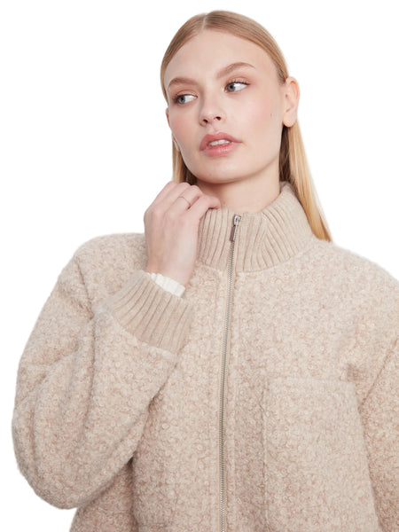 BEIGE ZIPPER FRONT FUZZY BOUCLE JACKET WITH RIB COLLAR AND ROUNDED HEM Jacket Charlie B 