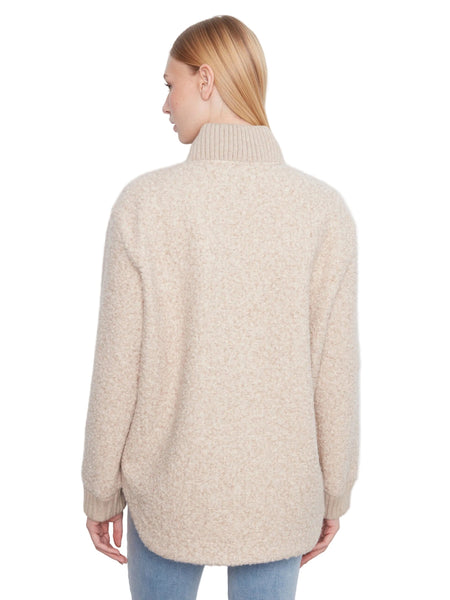 BEIGE ZIPPER FRONT FUZZY BOUCLE JACKET WITH RIB COLLAR AND ROUNDED HEM Jacket Charlie B 