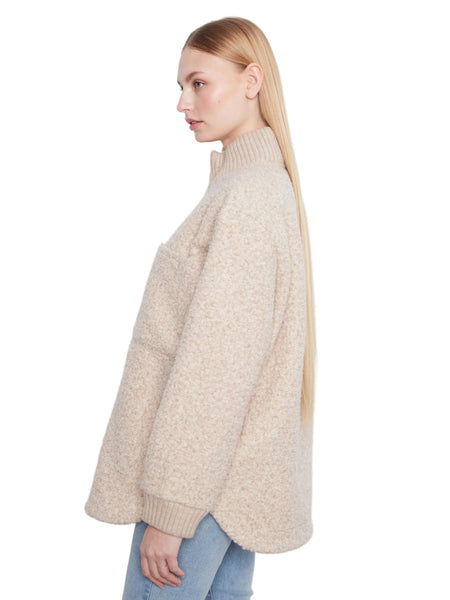 BEIGE ZIPPER FRONT FUZZY BOUCLE JACKET WITH RIB COLLAR AND ROUNDED HEM Jacket Charlie B 