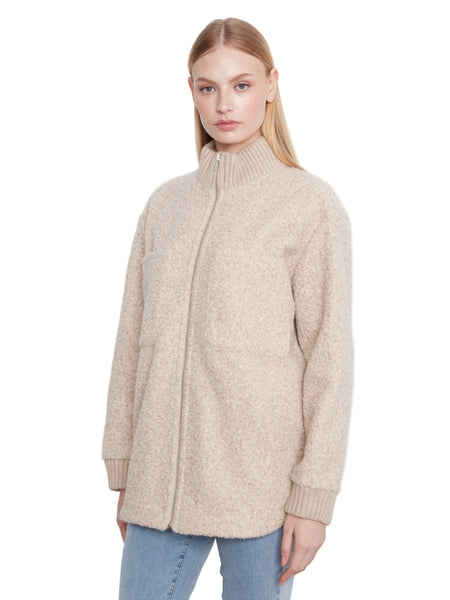 BEIGE ZIPPER FRONT FUZZY BOUCLE JACKET WITH RIB COLLAR AND ROUNDED HEM Jacket Charlie B S Almond 