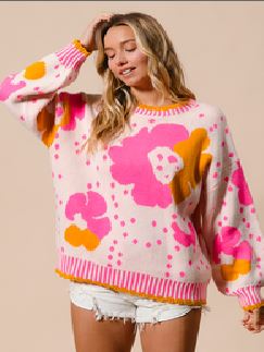 BIG PINK FLOWER ORCHID COMBO SWEATER SWEATER FashionWear Collection S Bright Pink/ Mustard Combo 