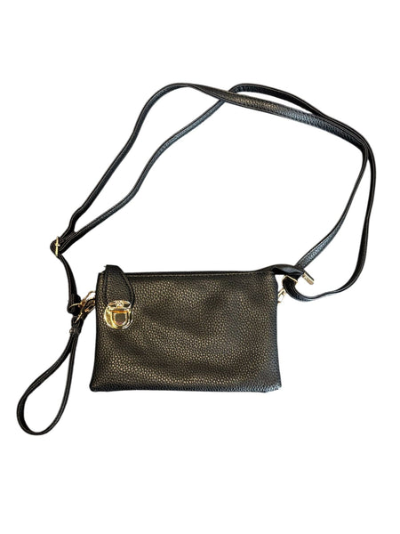 BLACK ADJUSTABLE CROSSBODY BAG WITH GOLD CLASP AND MULTI POCKETS Handbag FashionWear Canada 