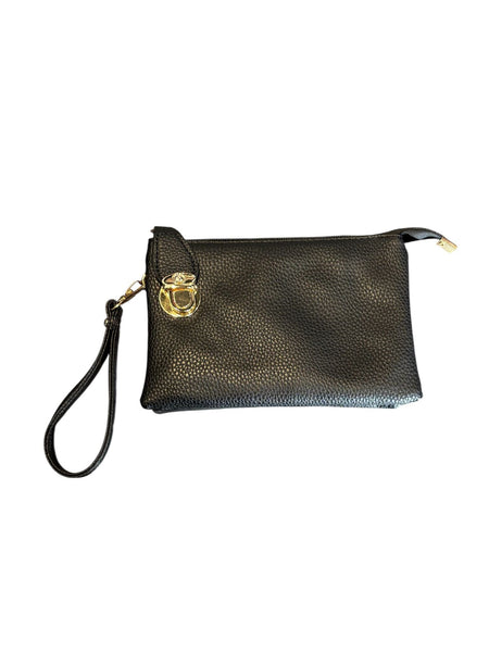 BLACK ADJUSTABLE CROSSBODY BAG WITH GOLD CLASP AND MULTI POCKETS Handbag FashionWear Canada 
