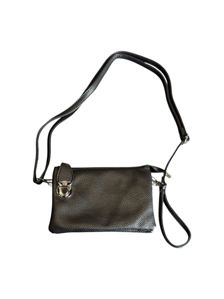 BLACK ADJUSTABLE CROSSBODY BAG WITH SILVER CLASP AND MULTI POCKETS Handbag FashionWear Canada 