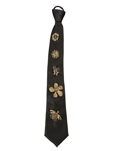 BLACK ADJUSTABLE NECK TIE NECKLACE WITH BROOCHES Necklaces FashionWear Collection Black 