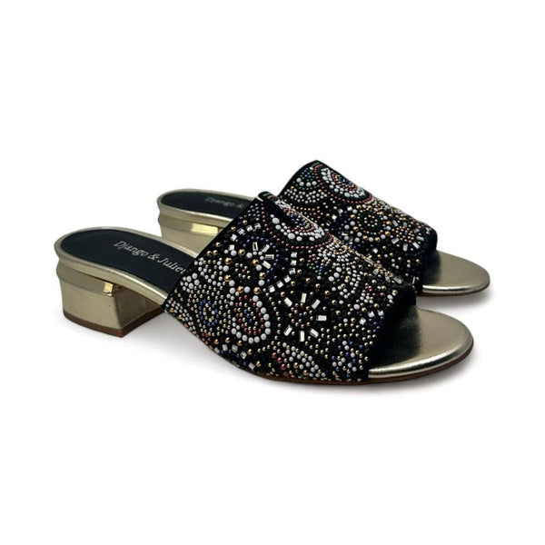 BLACK BEADED SUEDE CHUNKY HEEL SLIP ON SANDAL Sandal Django & Juliette 
