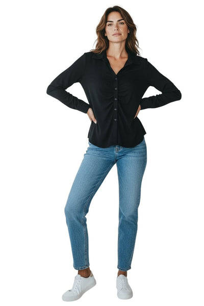 BLACK BUTTON DOWN RUCHED FRONT BLOUSE Blouse Bali XS Black 