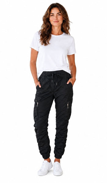 BLACK CRINKLE CARGO DRAWSTRING JOGGER PANT WITH ZIPPER Pants Made In Italy 