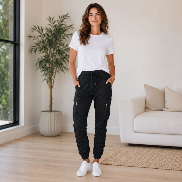 BLACK CRINKLE CARGO DRAWSTRING JOGGER PANT WITH ZIPPER Pants Made In Italy 