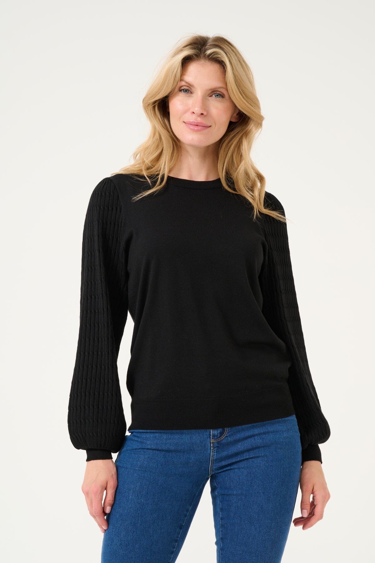 BLACK DETAILED SLEEVE CREW NECK SWEATER Sweater Kaffe S Black 