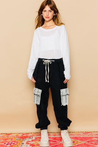 BLACK DRAWSTRING CROCHET LACE PATCH PANT Pant FashionWear Collection 