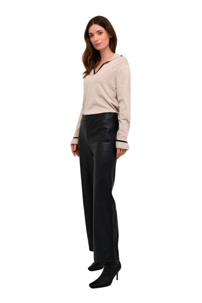 BLACK FAUX LEATHER WIDE LEG PULL ON PANT Pants CREAM 