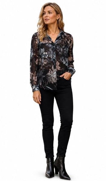 BLACK FLORAL GEORGETTE BUTTON DOWN BLOUSE Top Pistache 