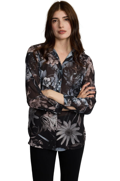 BLACK FLORAL GEORGETTE BUTTON DOWN BLOUSE Top Pistache S Black Floral 