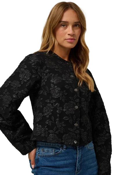 BLACK FLORAL TONE ON TONE CROP JACQUERED JACKET Jacket CREAM 34 Black 