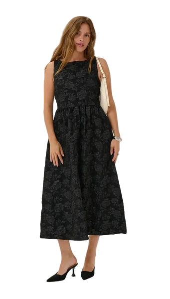 BLACK FLORAL TONE ON TONE JACQUERED DRESS Dress Kaffe 36 Black 