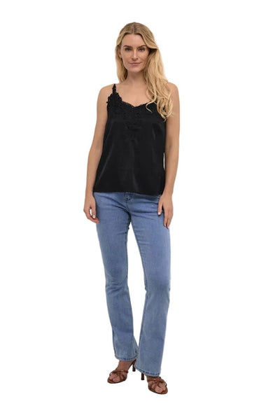 BLACK FLOWY TANK WITH LACE NECKLINE AND ADJUSTABLE STRAPS Camisole CREAM 