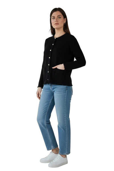 BLACK FRINGE-TRIM CARDIGAN WITH PEARL BUTTONS AND KNIT PANTS SET Sweater NIKKY 