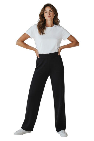 BLACK FRINGE-TRIM CARDIGAN WITH PEARL BUTTONS AND KNIT PANTS SET Sweater NIKKY 