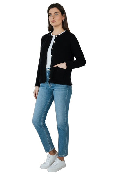 BLACK FRINGE-TRIM CARDIGAN WITH PEARL BUTTONS AND KNIT PANTS SET Sweater NIKKY 