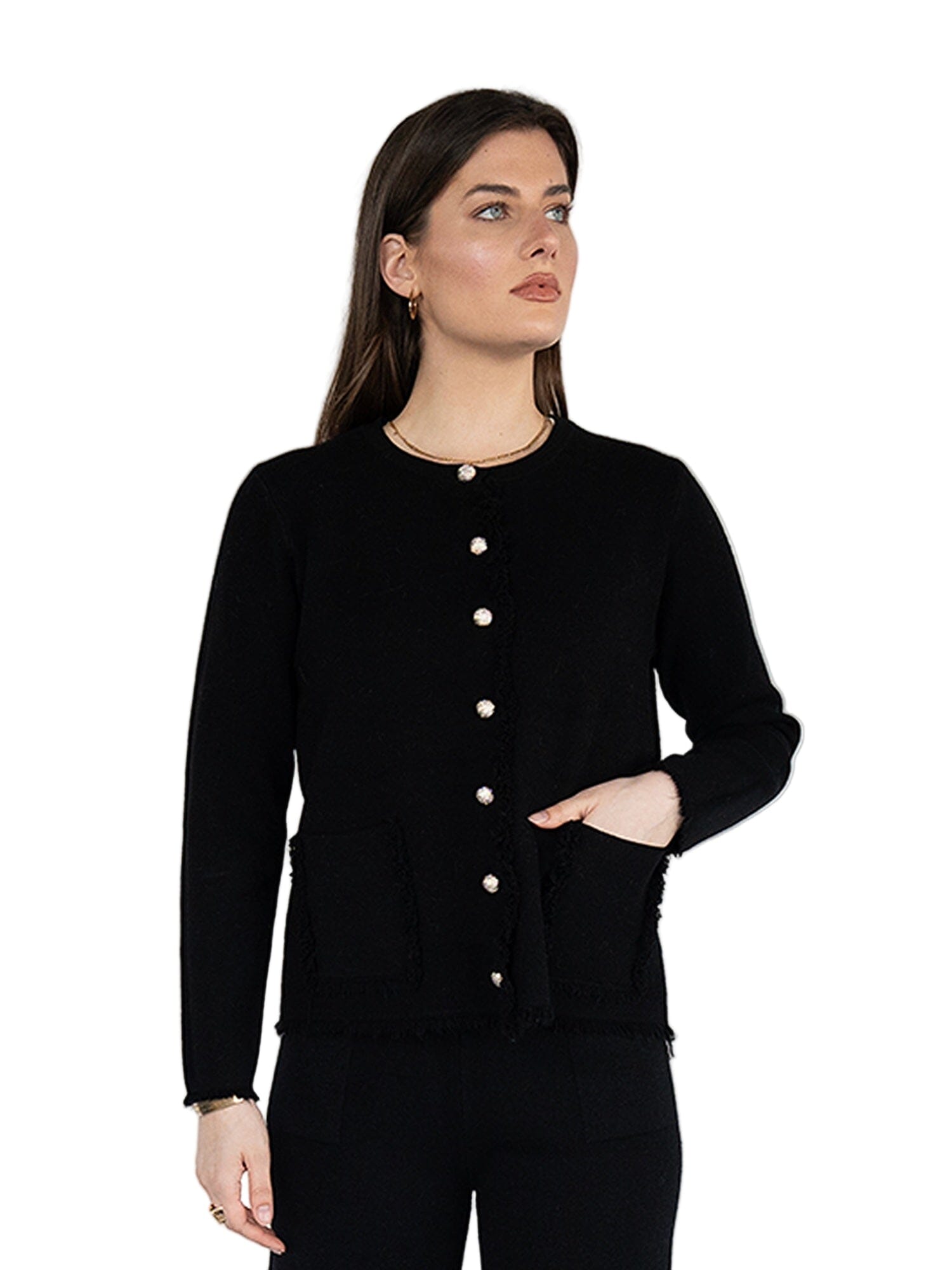 BLACK FRINGE-TRIM CARDIGAN WITH PEARL BUTTONS Sweater NIKKY 