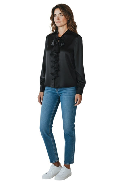 BLACK FRONT RUFFLE BUTTON DOWN BLOUSE Blouse Bali XS Black 