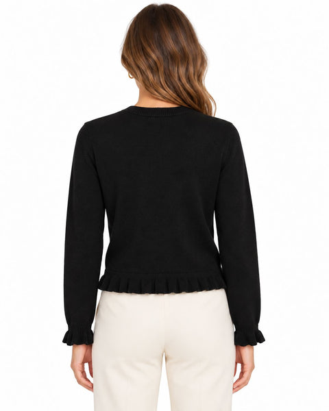 BLACK KNIT FRILL CARDIGAN WITH GOLD BUTTON DETAILS Cardigan CULTURE 