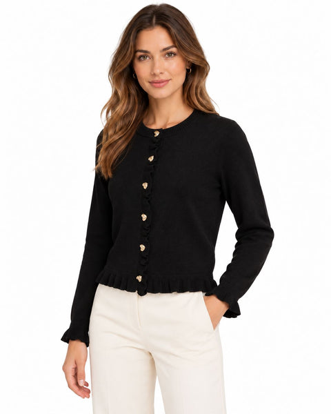 BLACK KNIT FRILL CARDIGAN WITH GOLD BUTTON DETAILS Cardigan CULTURE 