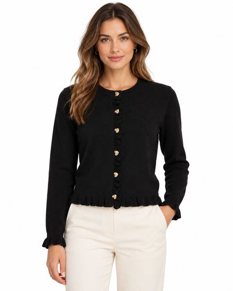 BLACK KNIT FRILL CARDIGAN WITH GOLD BUTTON DETAILS Cardigan CULTURE 