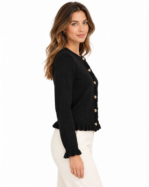 BLACK KNIT FRILL CARDIGAN WITH GOLD BUTTON DETAILS Cardigan CULTURE 