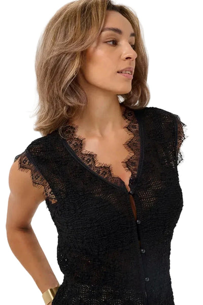 BLACK LACE DETAIL V NECK SLEEVELESS TANK Shirts & Tops CREAM 