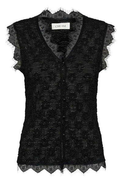 BLACK LACE DETAIL V NECK SLEEVELESS TANK Shirts & Tops CREAM 