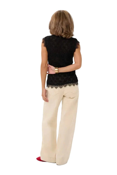 BLACK LACE DETAIL V NECK SLEEVELESS TANK Shirts & Tops CREAM 