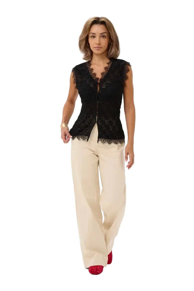 BLACK LACE DETAIL V NECK SLEEVELESS TANK Shirts & Tops CREAM 