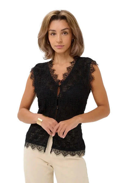 BLACK LACE DETAIL V NECK SLEEVELESS TANK Shirts & Tops CREAM XS Black 