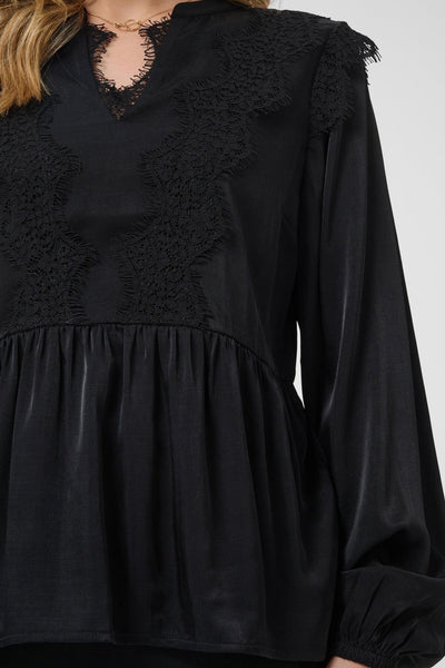 BLACK LACE TRIM PEPLUM BLOUSE Blouse CREAM 