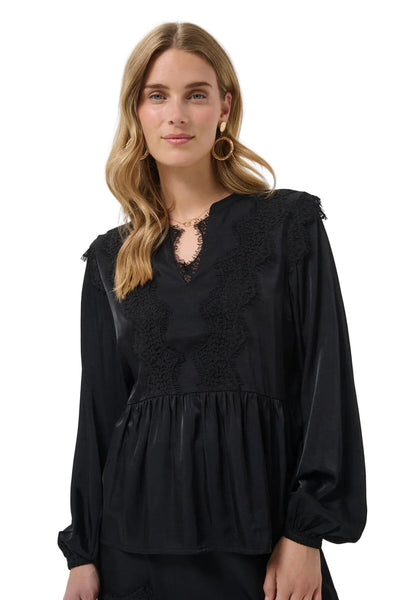 BLACK LACE TRIM PEPLUM BLOUSE Blouse CREAM 36 Black 