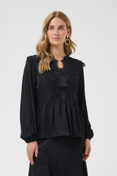 BLACK LACE TRIM PEPLUM BLOUSE Blouse CREAM 