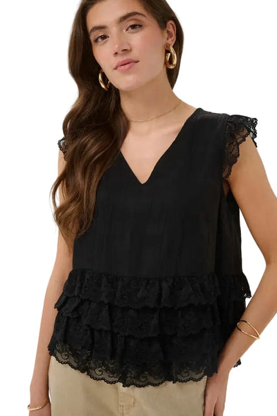 BLACK LACE V NECK SLEEVELESS TOP Shirts & Tops CREAM 34 Black 