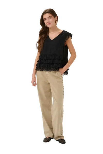BLACK LACE V NECK SLEEVELESS TOP Shirts & Tops CREAM 
