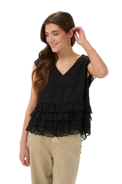 BLACK LACE V NECK SLEEVELESS TOP Shirts & Tops CREAM 